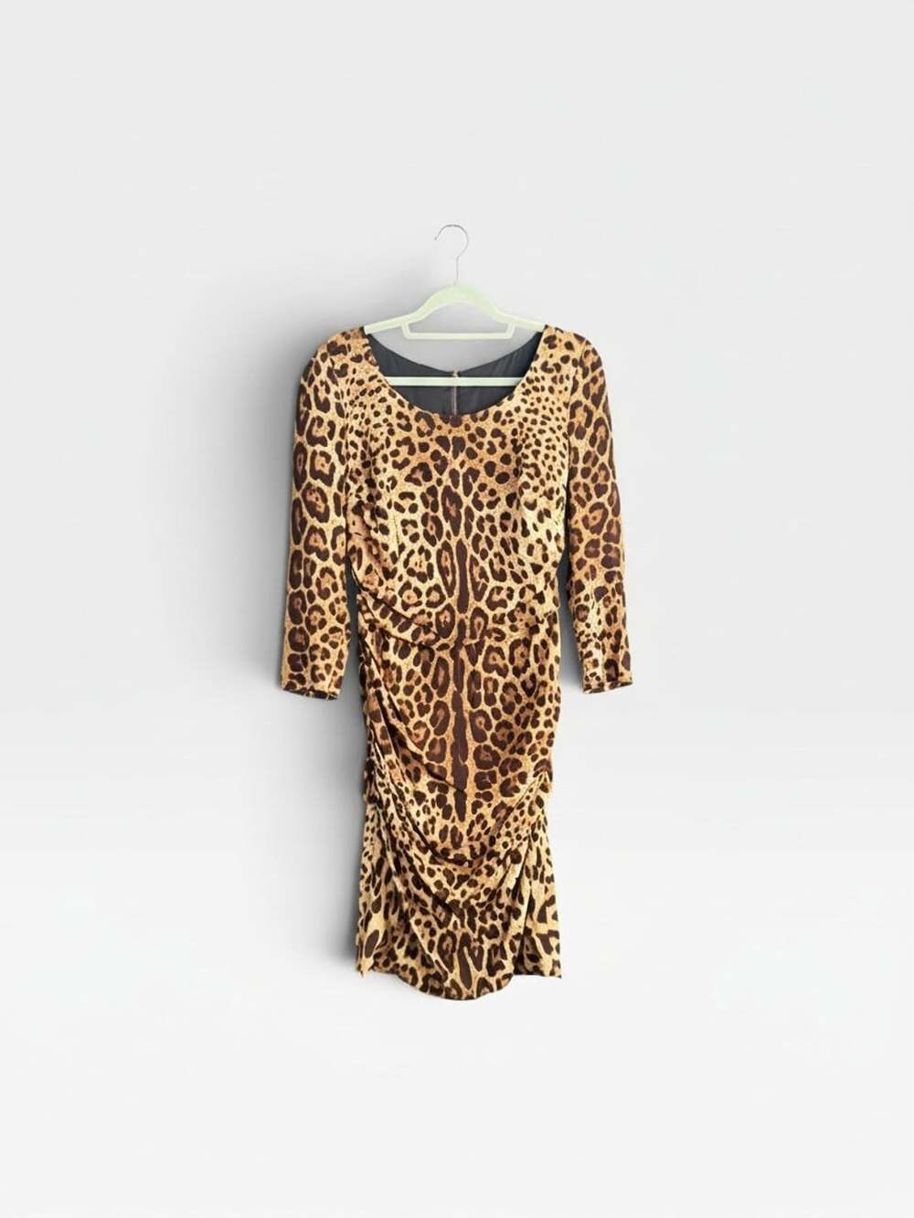 Dolce & Gabbana Ruched Leopard Print Dress Size 46 Silk